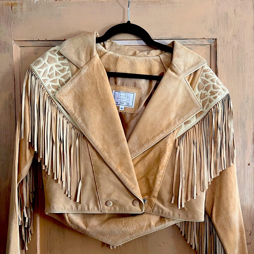 Tan leather fringe jacket